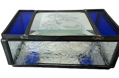 Vintage Unicorn Engraved Stained Glass Trinket Box Mirror Blue Horse • $7.65