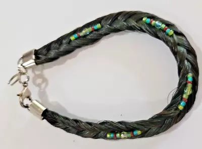 Braided Black Horsehair Beaded Bracelet Cowboy Horseshoe Charm Rodeo 8  • £17.71