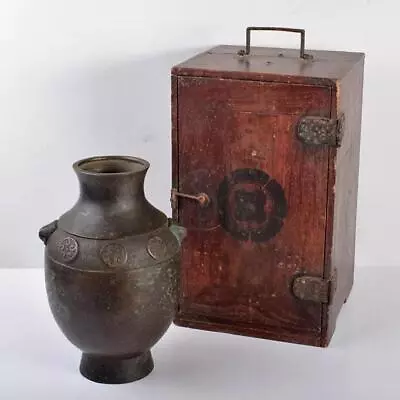 JAPAN Antique Unique Bronze Vase 10.6 Inch With Wooden Box MEIJI Era Old Metal • $599.99