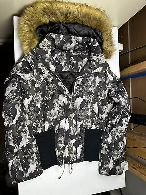 Dereon Puffer Coat Medium Black Quilted Camo Camouflage Fur Hood Zip Bomber • £18.31