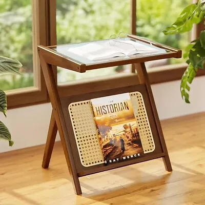 Rattan Side Table Boho NightStand Mid Century Modern End Table Glass Bedside  • $60.71