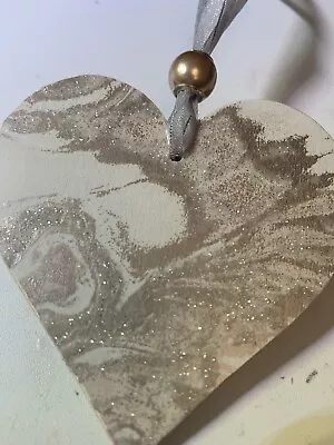 £2.79 • Buy Rose Gold Cream Glitter Marble Wooden Heart Hanging Decoration Sign Plaque Gift 
