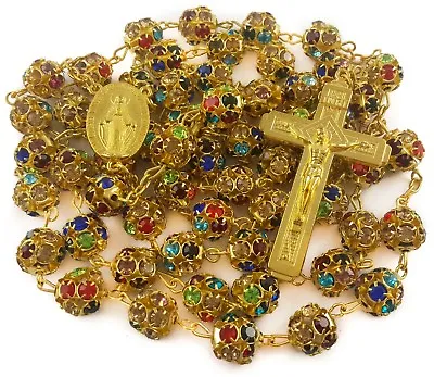 Colorful Zircon Beads Golden Rosary Catholic Necklace Miraculous Medal Cross • $16.72