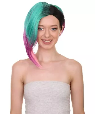 Video Game Character  Teal Blue Pink Ombre Color Half Side Punk Mohawk Wig • $32.24