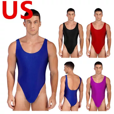 US Men's Bodysuit Glossy One Piece Swimsuit High Cut Leotard Jumpsuit Underwear • $9.49