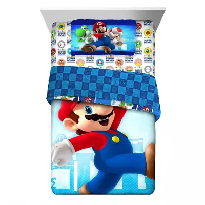 Super Mario Kids Twin Bed In A Bag Comforter And Sheets 4 Pieces Bedding Set New • $65.96