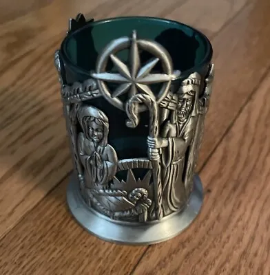 Vintage Pewter Nativity And Blue Glass Votive Holder Christmas 3” • $11.99