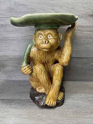 12” Majolica Style Monkey Holding Leaf Crazing Details • $249.95