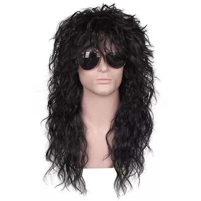 Mens 80S Long Curly Black Rocker Costume Wig • $33.39