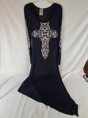 Vocal Black Rhinestone Cross Maxi Dress Size M.  Asymmetric Hem • $19.99