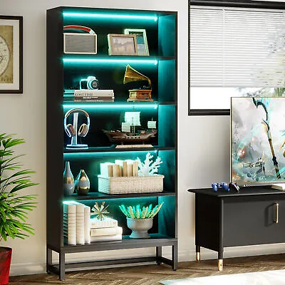 Tribesigns Black Wood Bookcase Bookshelf With LED Lights 5-Tier Storage Shelves • $163.78