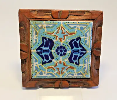 Hand Carved Tile Mexican Trivet Cobalt Blue & White Wood Framed Vintage 5.5  • $7.95