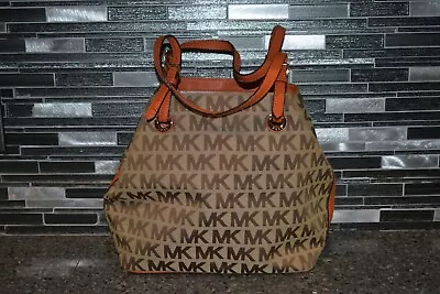 Michael Kors Signature Beige Orange Canvas Leather Bag Shoulder Bag Purse • $19