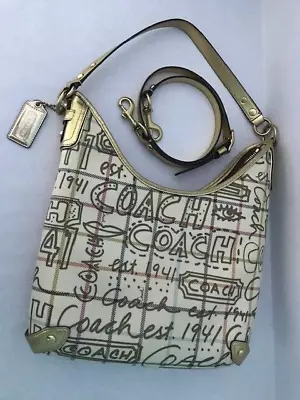 Coach Tattersall F13309 Shoulder Bag Gold Graffiti Hobo Bag Canvas Purse Handbag • $22