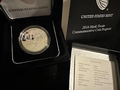 2016 Mark Twain PROOF Silver Dollar Coin W/Box And COA • $36