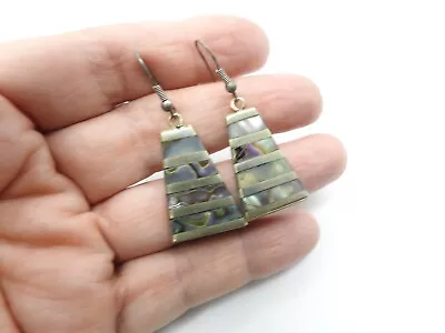 Mexico Abalone Shell Inlay Silver Tone Metal Trapezoid Pierced Earrings Vintage • $19.95