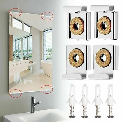 4pcs Chrome Mirror Wall Hanging Fixing Kit Frameless Clips Mounting Hanger Clamp • £3.89