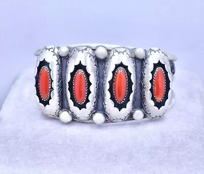 Vintage 1940’s Navajo Mediterranean Coral Row Shadowbox Sterling Cuff Bracelet • $794.97