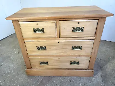 Antique Edwardian Walnut Small 2 Over 2 Chest Of Drawers Metal Handles Bedroom • £245