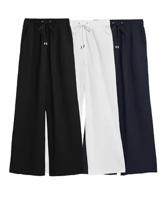 Ex M&S Wide Leg Linen Rich Trouser Elastic Waist Ladies Soft Pant Holiday P47 • £13.99