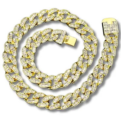 Mens 15mm Iced Baguette CZ Cuban/Curb Link Gold Plated 7 -30  Necklace • $10.99
