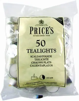 Prices Patent Candles White Tealights Bag Pack Of 50 Wax L X 3.8Cm W X 1.8Cm  • £6.95