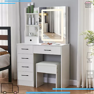 White Vanity Set With LED Lighted Mirror Makeup Dressing Table Stool 6 Drawers • £148.77