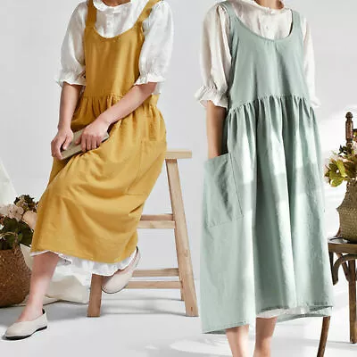 Lady Cotton Linen Bib Apron Baggy Pockets Loose Pinafore Dress Home Cafe Florist • $31.36