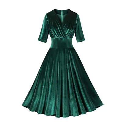 Womens Sexy V Neck Velvet Half Sleeves Winter Autumn Christmas Dress Ball Gown • $24.99