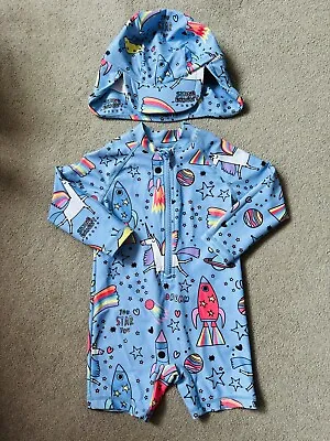 Next Baby Long Sleeved Rash Swim Sun Suit 12-18 Months 50+ UV Matching Hat VGC • £16.99