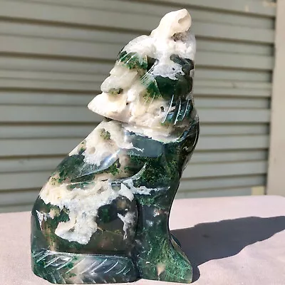 1.66LB Hand Carved Natural Druzy Moss Agate Wolf Crystal Animal Carving Gift • $0.99