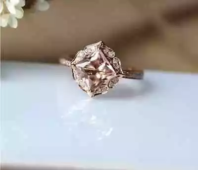 Princess Lab Created Morganite Halo Engagement Women Ring 14K Rose Gold Plated • $89.99