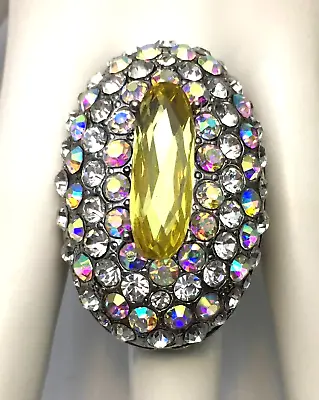 VTG Stretch Chunky Cocktail Ring Yellow Crystal Aurora AB Rhinestones Size 7.5 • $15.99