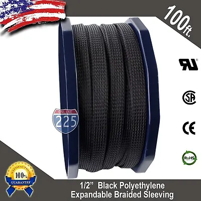 100 FT 1/2  Black Expandable Wire Cable Sleeving Sheathing Braided Loom Tubing  • $20