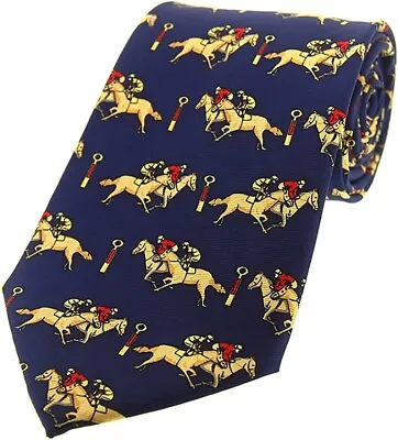 Navy Silk Horseracing Tie - Jockeys Past The Post • £9.99