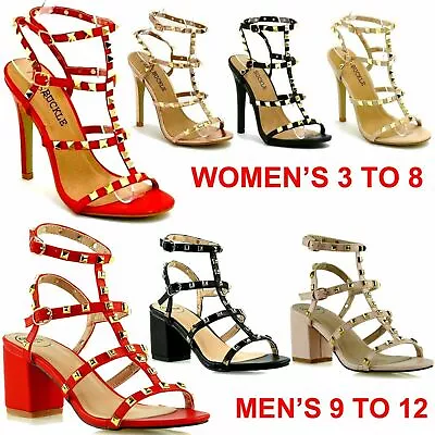 New Women's Men's Ankle Strap Studded Sandal Ladies Rivet Block Heel Party Shoes • £7.99