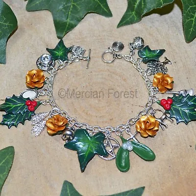 Pagan Bracelet Yule Bracelet Witches Charm Bracelet Gold Rose Holly Mistletoe • £18.50