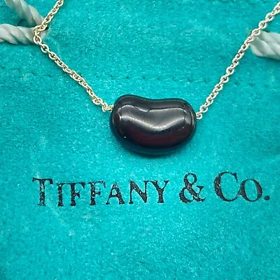 Tiffany & Co Bean Black Jade 12mm Necklace 16  Elsa Peretti Sterling Silver 2.2g • $468