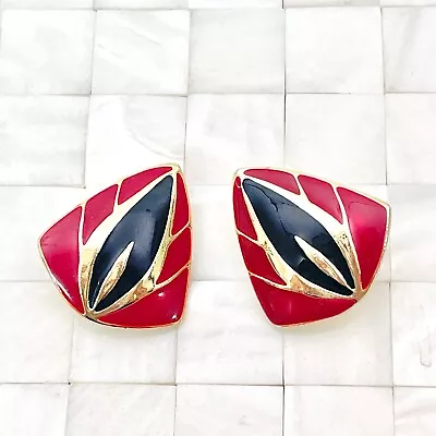 $14.99 • Buy Red & Black Enamel Triangle Clip On Earrings Gold Tone Vintage Strand Lot #4397