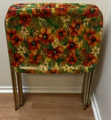 Vintage Fiberglass TV Trays Set Of 4 Retro Funky Bright Floral Orange Gold Green • $179.99