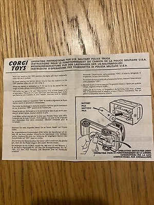 £49.50 • Buy Corgi Toys 355 Rare Original Military US Police Truck Instruction Leaflet