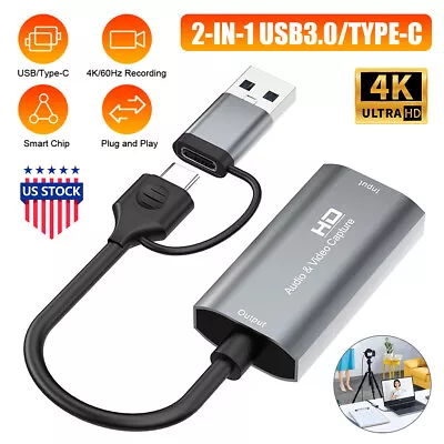 USB 3.0 Type C 4K HDMI Audio Video Capture Card 1080P 60FPS Capture Adapter 2in1 • $16.48