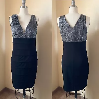 En Focus Studio Metallic Silver Bodycon Mini Women's Dress Size 8 Black Bandage • $10