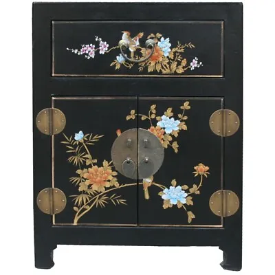 New Chinese Black Bedside Table - Hand Painted Flowers And Birds (BC-M12B-FL) • $369