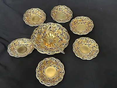 Set Of 7 Whiting 1909 Sterling Gold Gilt Nut Bowls: Reticulated Grapes & Vines  • $450
