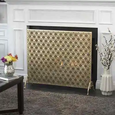 Single Panel Fireplace Screen Stylish Modern Style Ellias Gold Iron 35 Inches H • $137.25