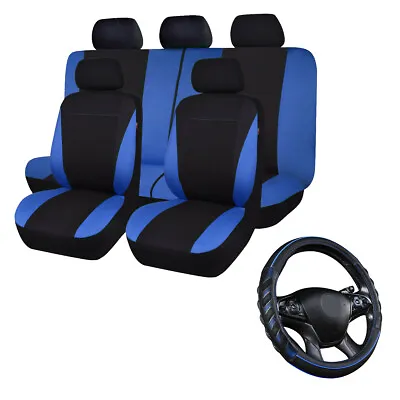 $59.99 • Buy Car Seat Covers Set Universal Blue Auto Steering Wheel Cover Leather Cushion