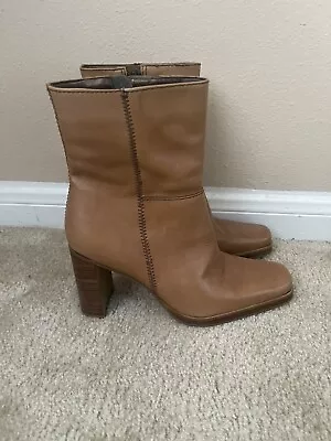 Vintage Candies Boots 7 Tan Leather Chunky Heel Platform Square Toe Flaw • $65