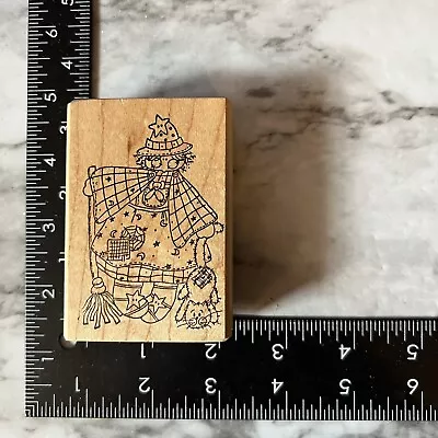 Rubber Stamp Halloween Witch With Broom Wood Mounted Cat Scarecrow • $6