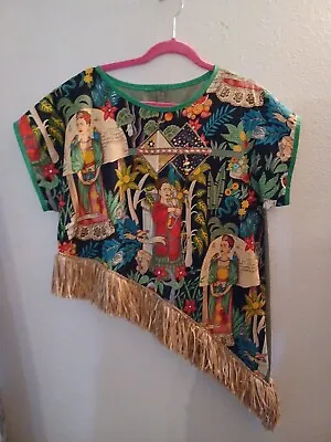 Homemade Beautiful Frida Kahlo Asymmetrical Womans Top With Fringe Multicolor  • $59.99